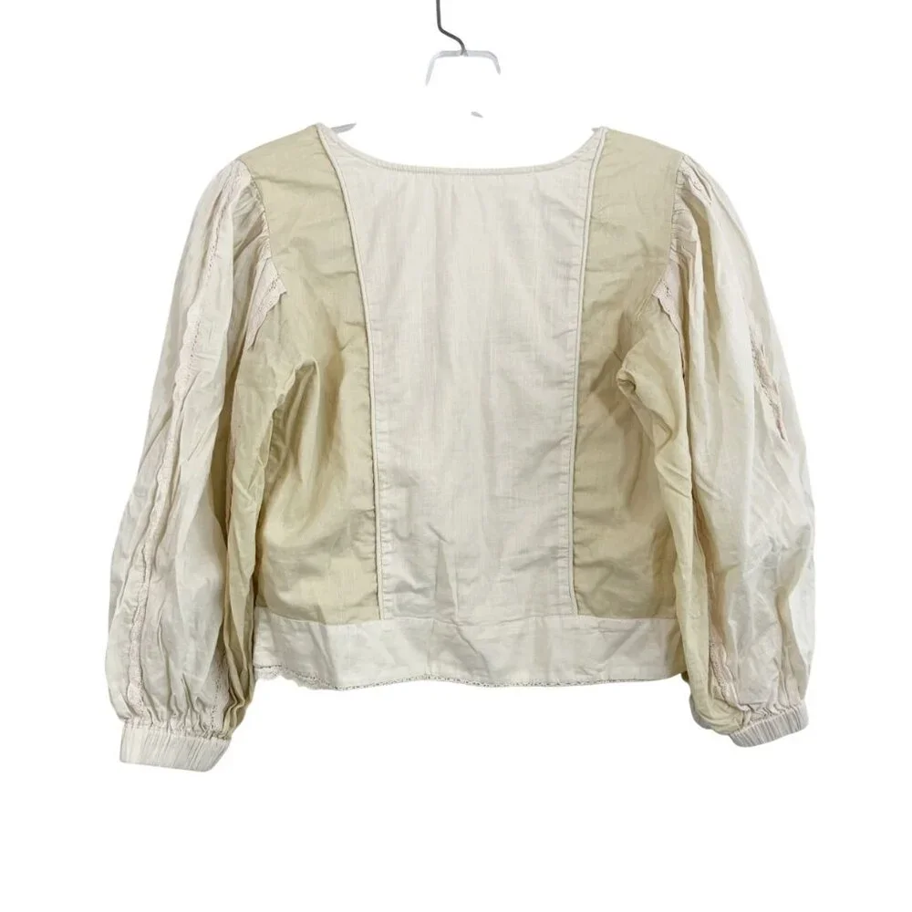 Anthropologie Let Me Be Cream Puff Sleeve Sweetheart Crop Top Buttons - Size XS‎